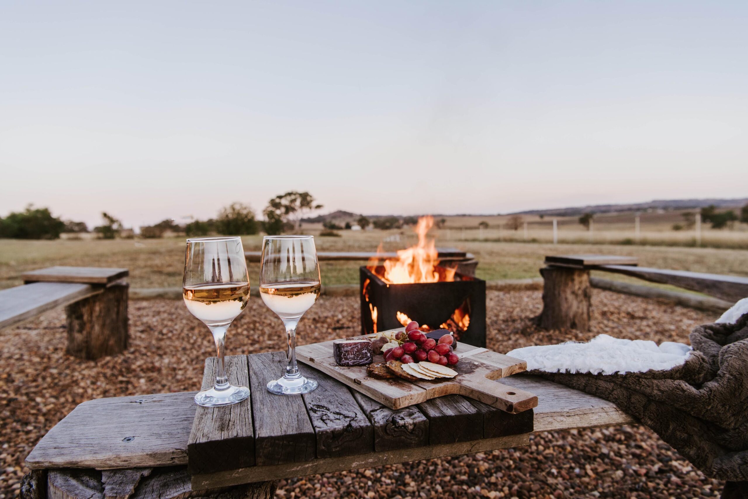 owl head lodge glass cottage accommodation gulgong firepit wine platter